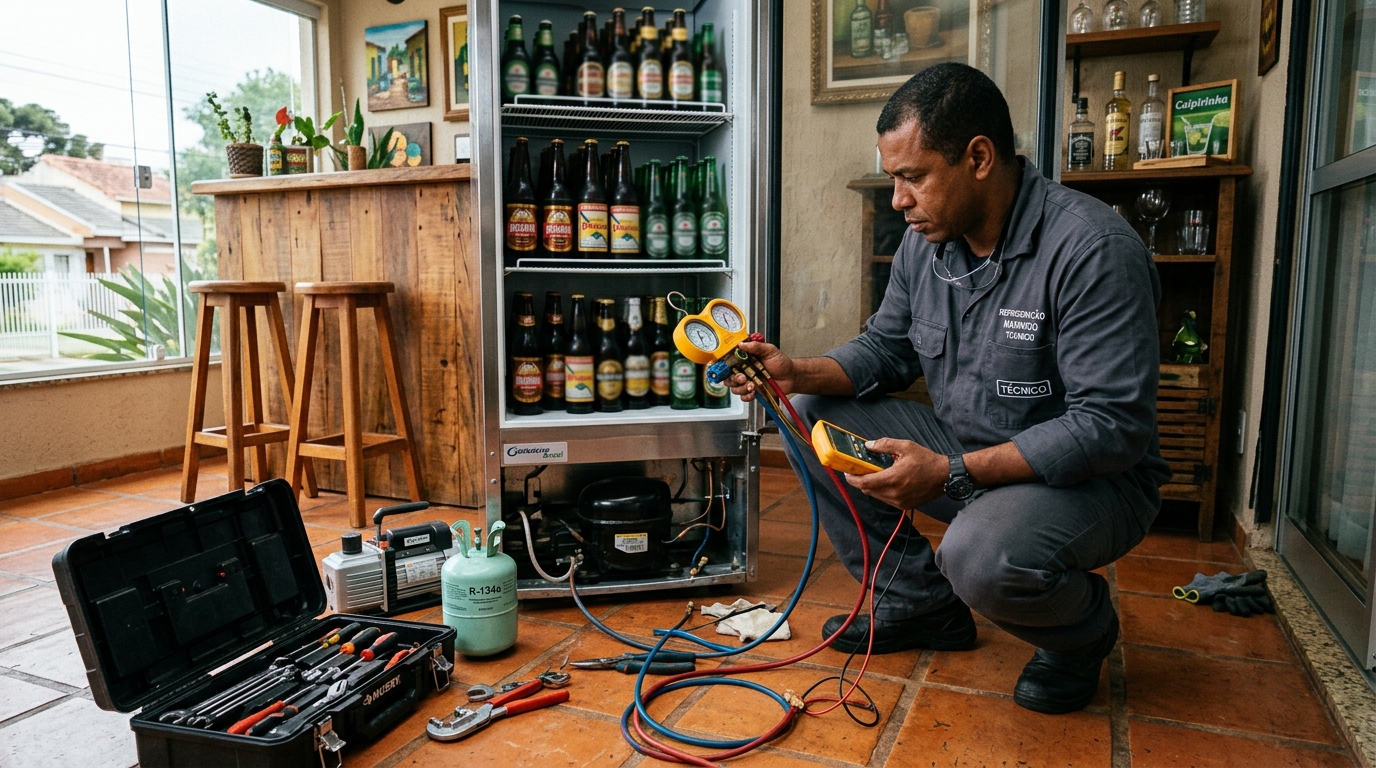 Profissional executando reparo no motor de cervejeira na Zona Leste de São Paulo‑SP
